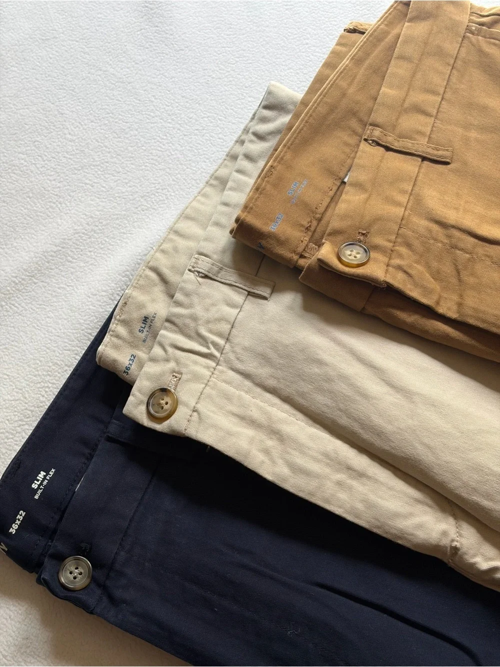 Old Navy Slim Built-In Flex Chino Pants Bundle 36x32 Khaki Navy Tan Men Lot of 3